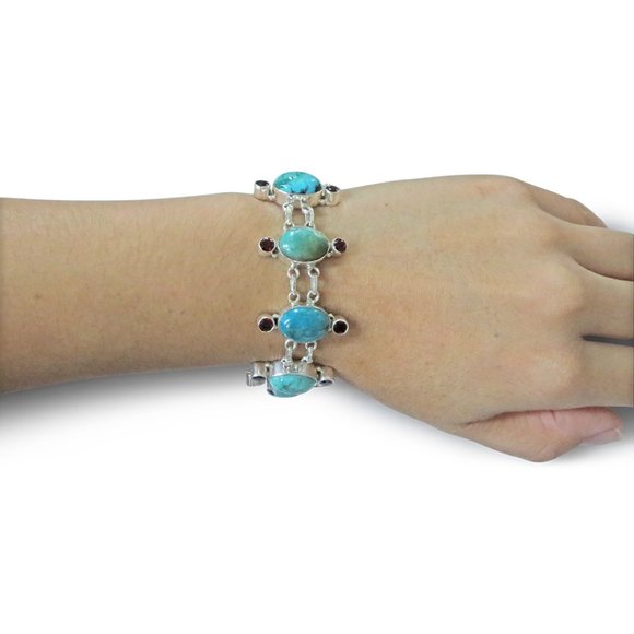 Sterling Silver Turquoise & Garnet Bracelet - Picture 3 of 3